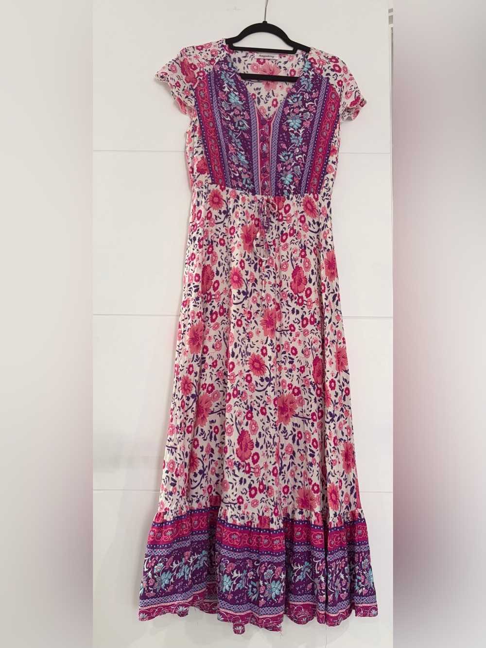 Angashion M Floral Maxi Dress w/ Boho Print and Cap Sleeves, Women’s Bohemian